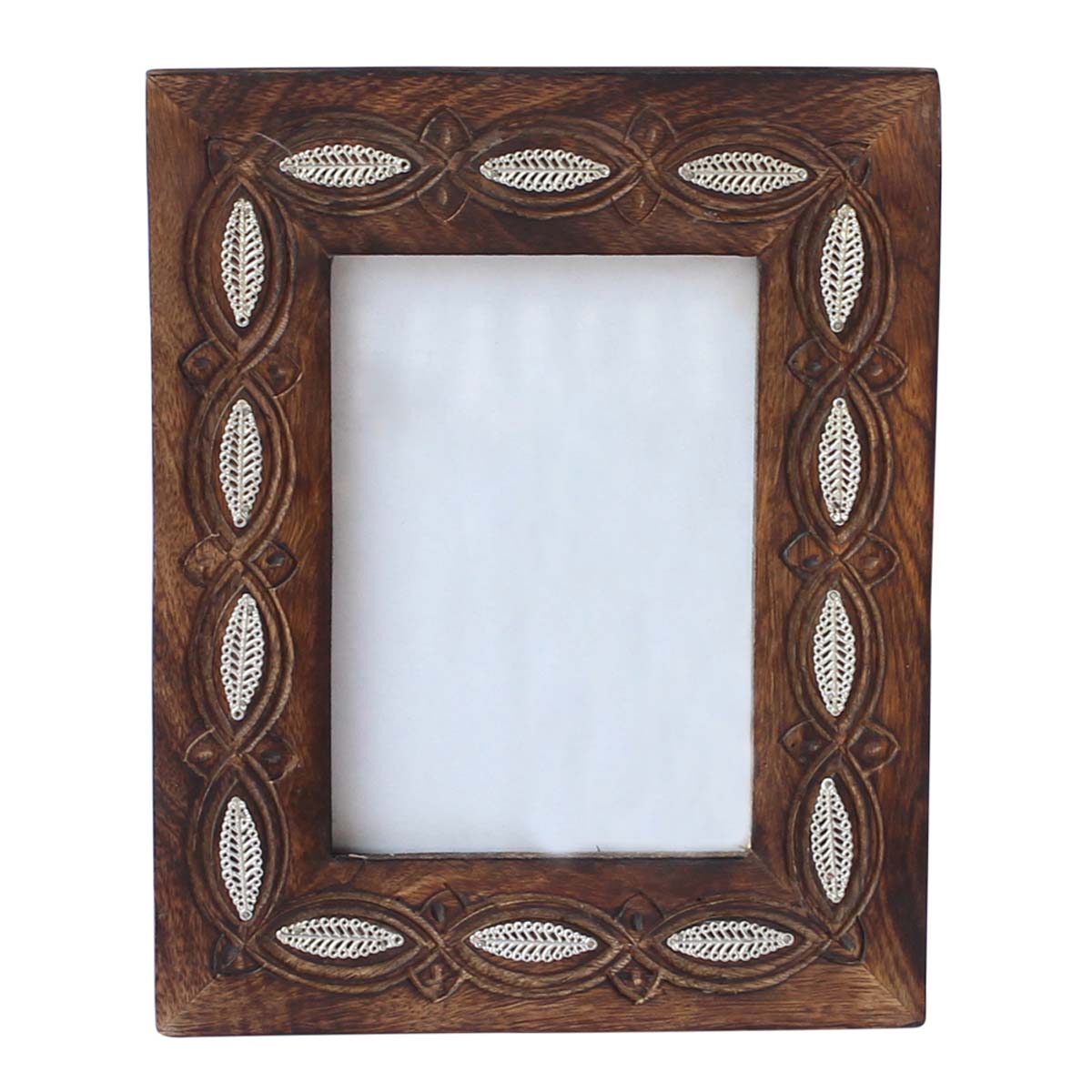 4x6 Inches Wood Picture Frame in Bulk - Wholesale Handmade Wooden Photo Frame with Carving and Metal Overlays in Leafy Pattern - Home Decor Picture Frames from India