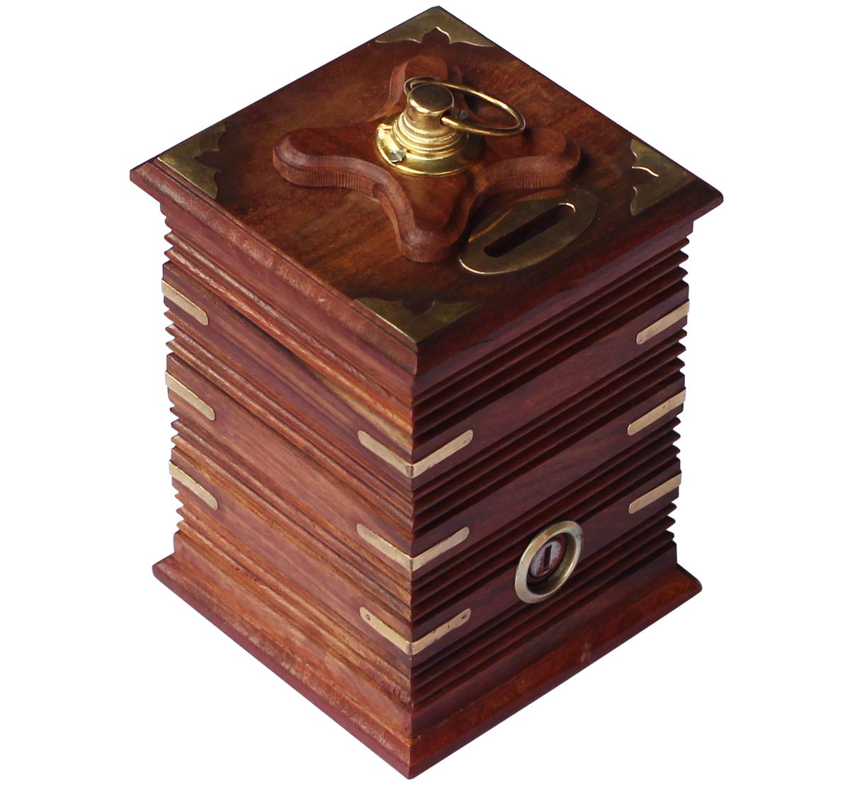 Wholesale 6.5” Wood Piggy/Money Bank - Handmade Coin Bank/Penny Bank with Decorative Brass Inlays & Brass Lock - Kids Nursery/Home Decor Gifts from India