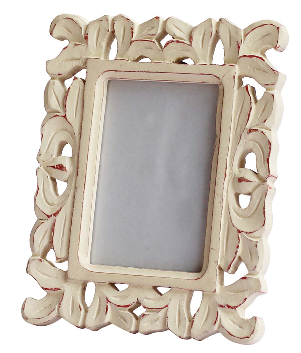 Bulk Buy Rectangular White 4x6 Photo/Picture Frame in Wood with Intricate Carving in Traditional Pattern - Wholesale home Decor Picture Frame from India