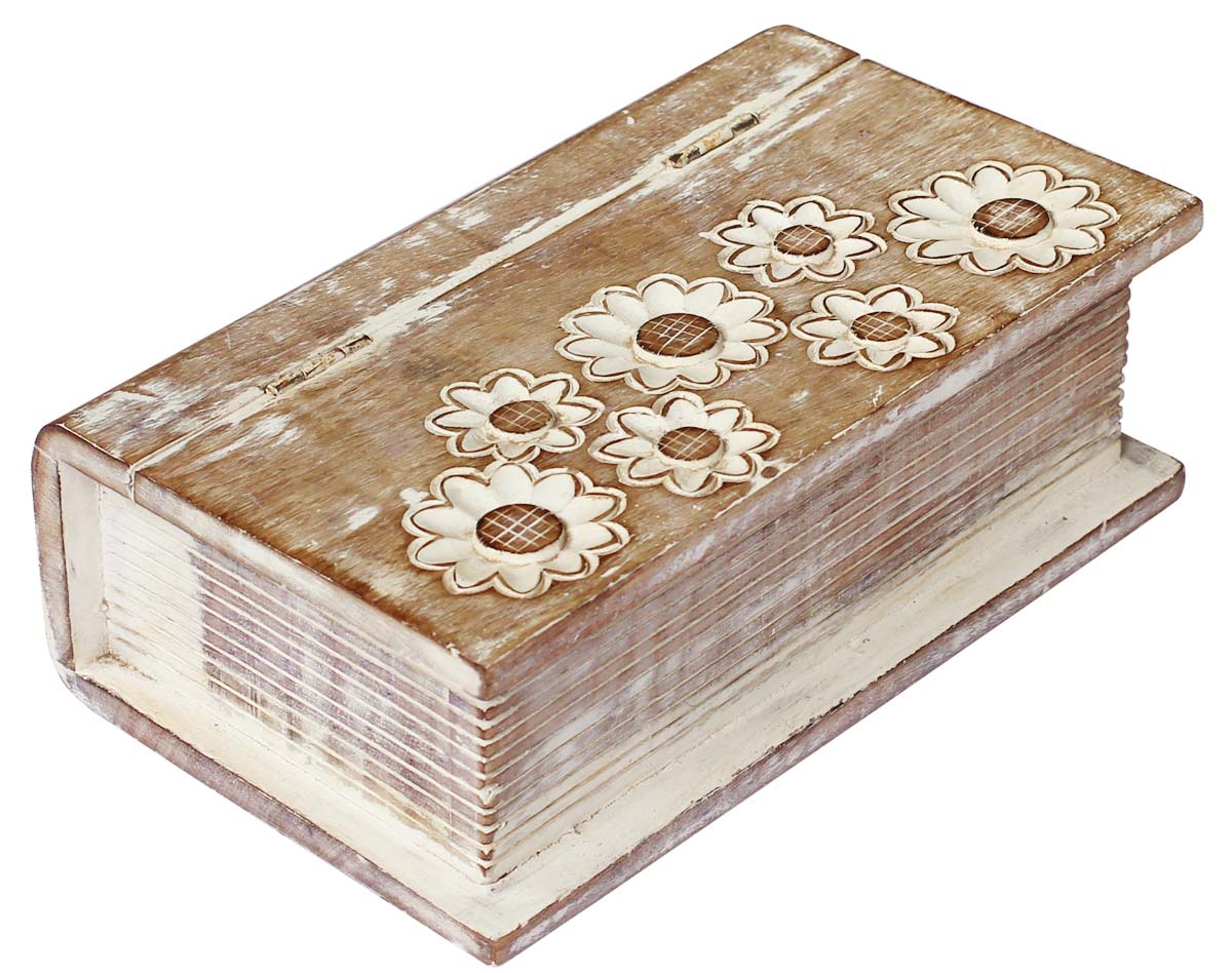 Bulk Wholesale Handmade Mango-Wood Book-Shaped Box / Keepsake Box with Floral Carving – Unique Jewelry Boxes – Distressed-Look Home Décor