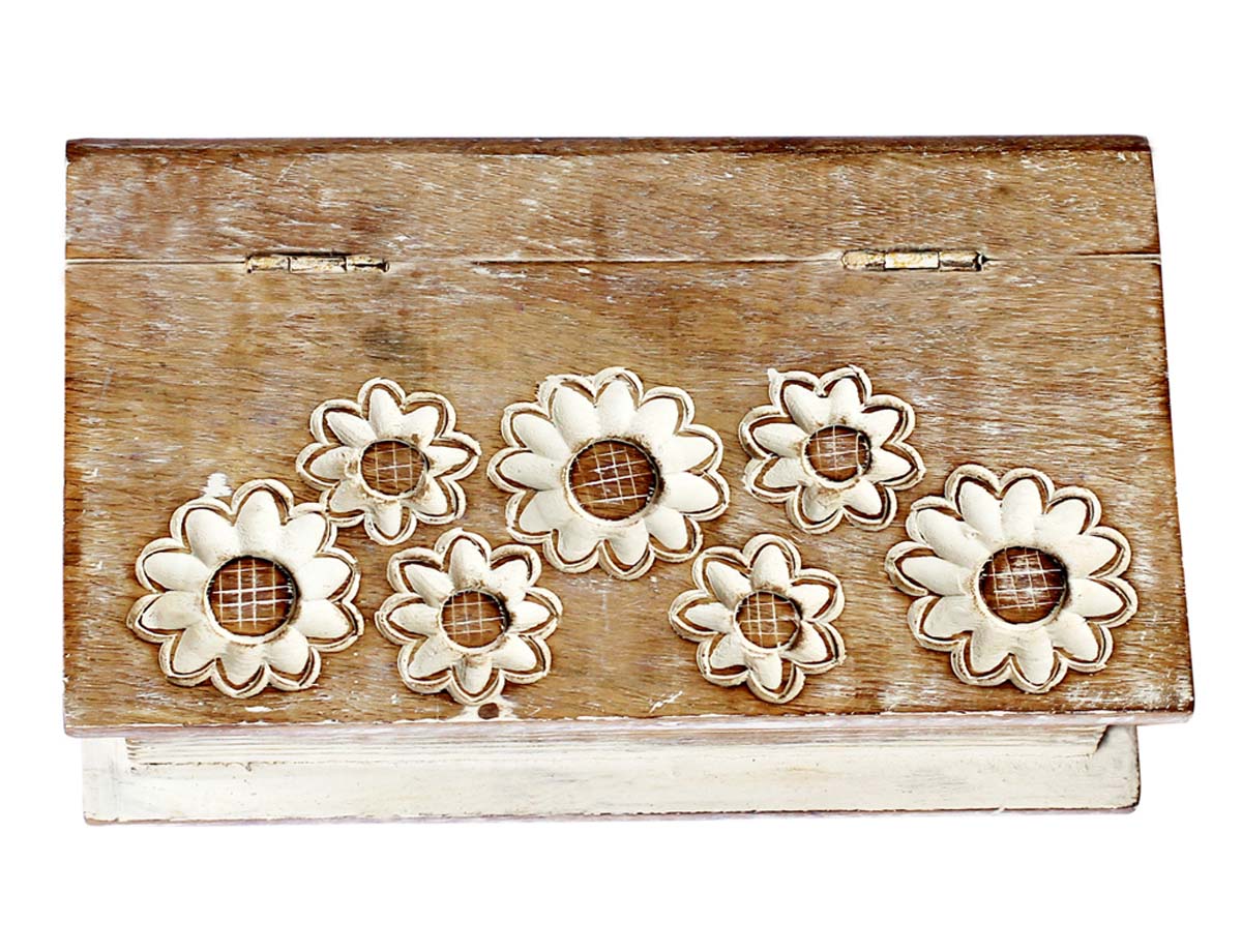 Bulk Wholesale Handmade Mango-Wood Book-Shaped Box / Keepsake Box with Floral Carving – Unique Jewelry Boxes – Distressed-Look Home Décor
