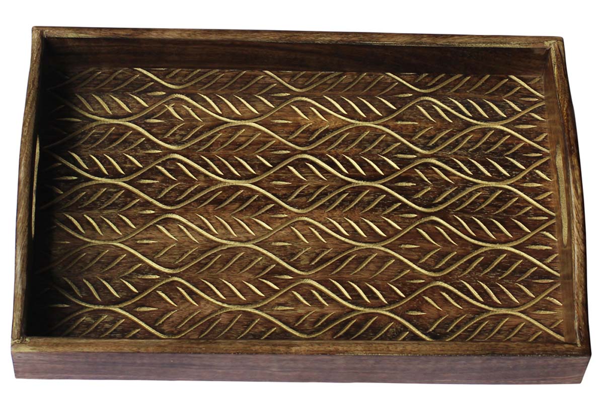 Bulk Wholesale Serving Tray with Wavy Carving in Golden Color - Handmade Wood Kitchen Accessories - Home Essentials