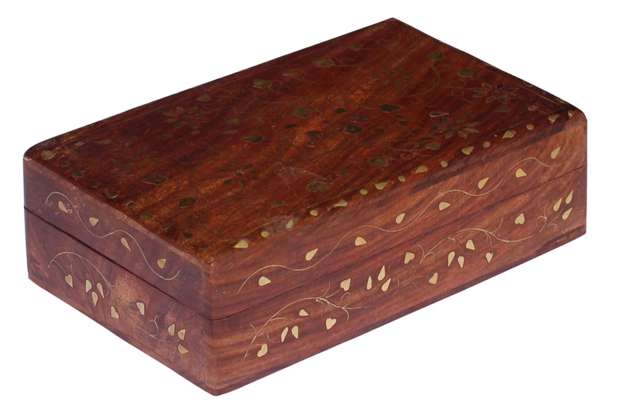 Source 8x5” Wooden Jewelry Box in Bulk - Wholesale Handmade Distressed Maroon Jewelry Box/Trinket Box with Floral Brass Inlay from India