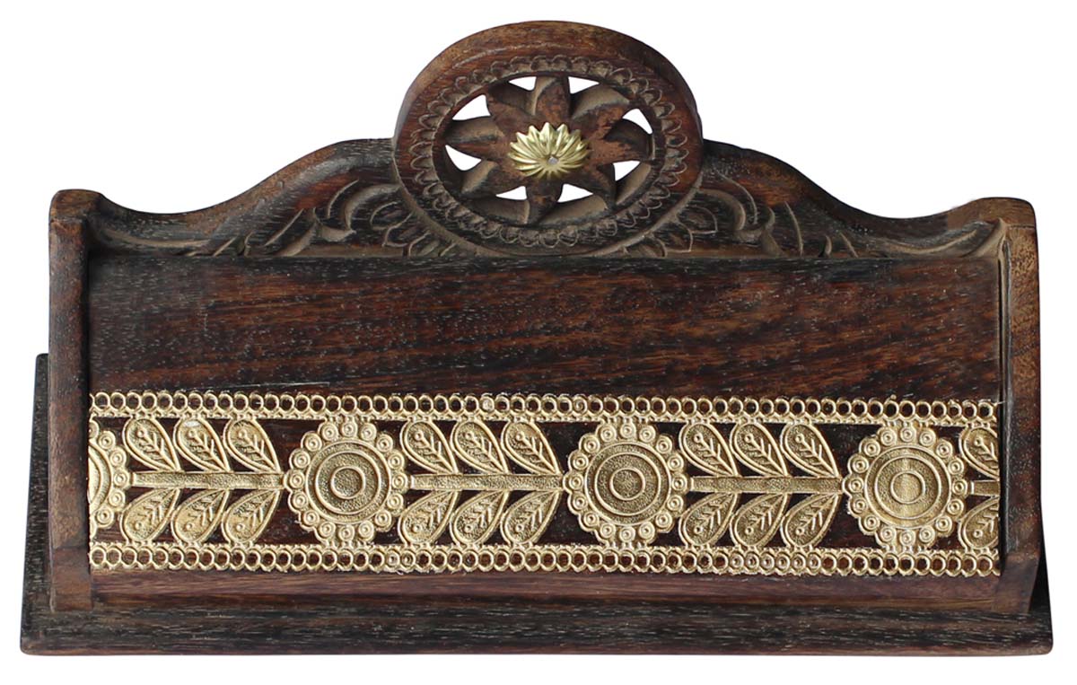 Bulk Wholesale Handcrafted Mango Wood Pen Box / Organizer – Embossed Antique-look Golden Floral Decoration – Desk / Study Accessories