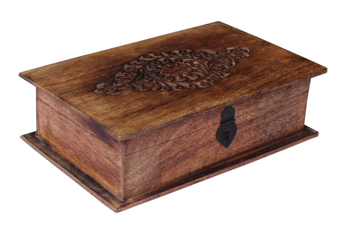 Wholesale Wooden Hand Carved Rectangular Jewelry Box in Bulk - Source Handmade Jewelry Box/Trinket Box with Intricate Floral Pattern on Lid & Iron lock from India