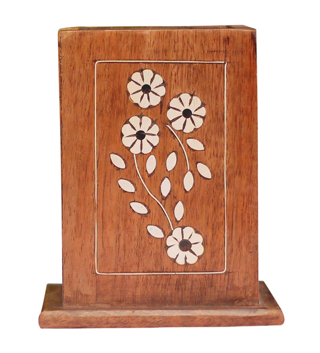 Bulk Wholesale Rustic Handmade Wooden Pen Pencil Stand / Pen Holder / Organizer 4x4x5” with Intricate Floral Inlay – Office / Desk Accessories