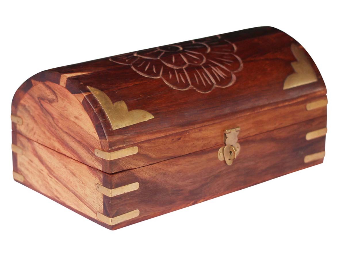 Bulk Buy Antique-Look 9x5” Wooden Brown & Red Jewelry Box - Wholesale Handmade Jewelry Box/Trinket Box with Brass Inlay & Floral Carving on Lid from India