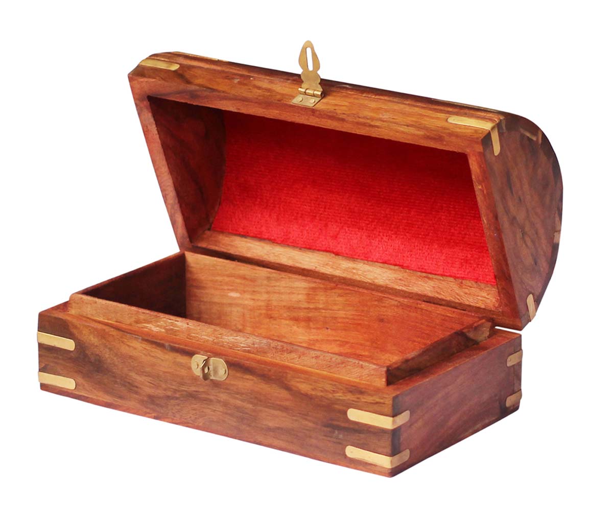 Bulk Buy Antique-Look 9x5” Wooden Brown & Red Jewelry Box - Wholesale Handmade Jewelry Box/Trinket Box with Brass Inlay & Floral Carving on Lid from India