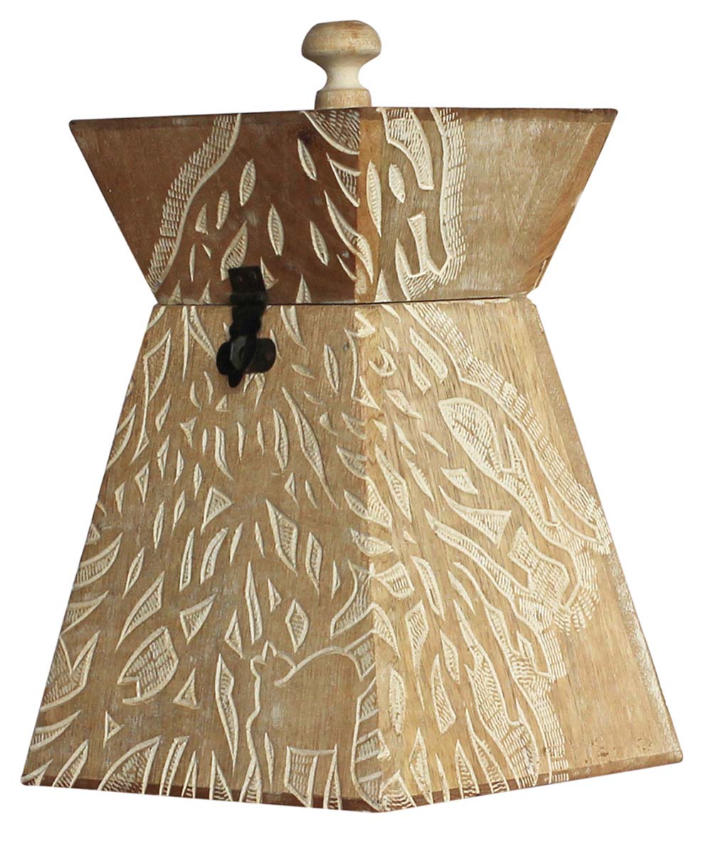 Wholesale Pyramid-Shaped Wooden Jewelry Box in Bulk - Source Handmade Distressed Maroon Jewelry Box/Trinket Box with Carving in Wood with a Knob at Top and a Brass Lock from India