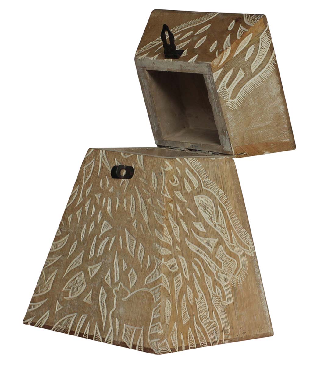 Wholesale Pyramid-Shaped Wooden Jewelry Box in Bulk - Source Handmade Distressed Maroon Jewelry Box/Trinket Box with Carving in Wood with a Knob at Top and a Brass Lock from India