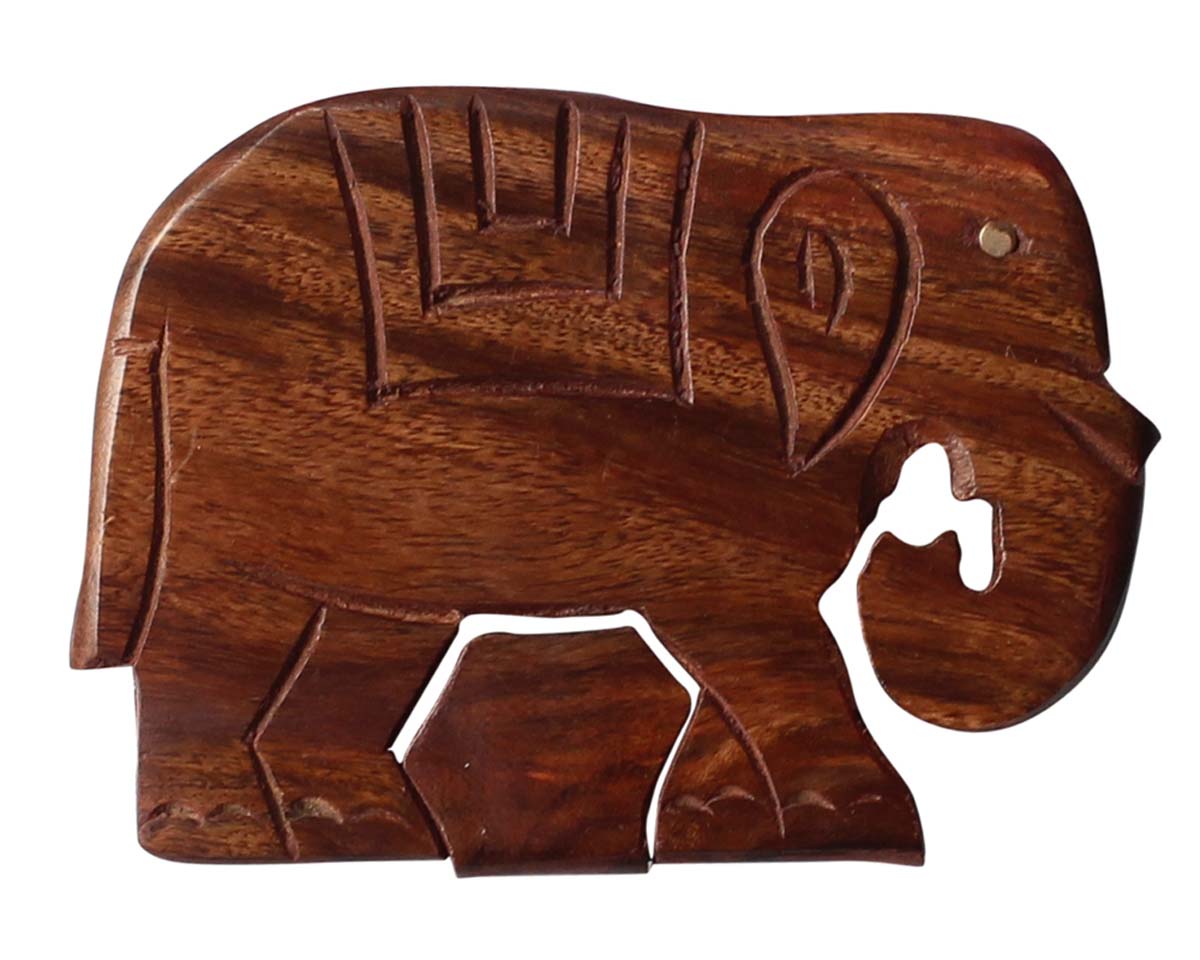 Wholesale Elephant Shaped Puzzle Jewelry Box - Bulk Buy Handmade Wood Elephant Figurine Puzzle Storage Box/Keepsake Box/Trinket Box - Puzzle + Utility Box with Carving from India