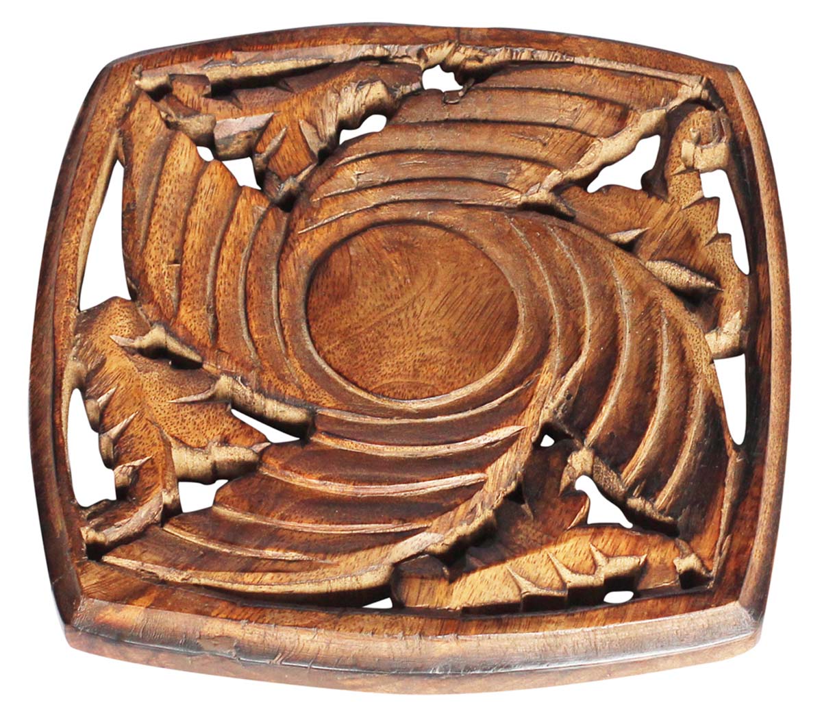 Bulk Wholesale Handmade Mango-Wood Square-Shaped Trivet with Intricate Floral Carving – Traditional-Look Accessories for Kitchen / Dining Table