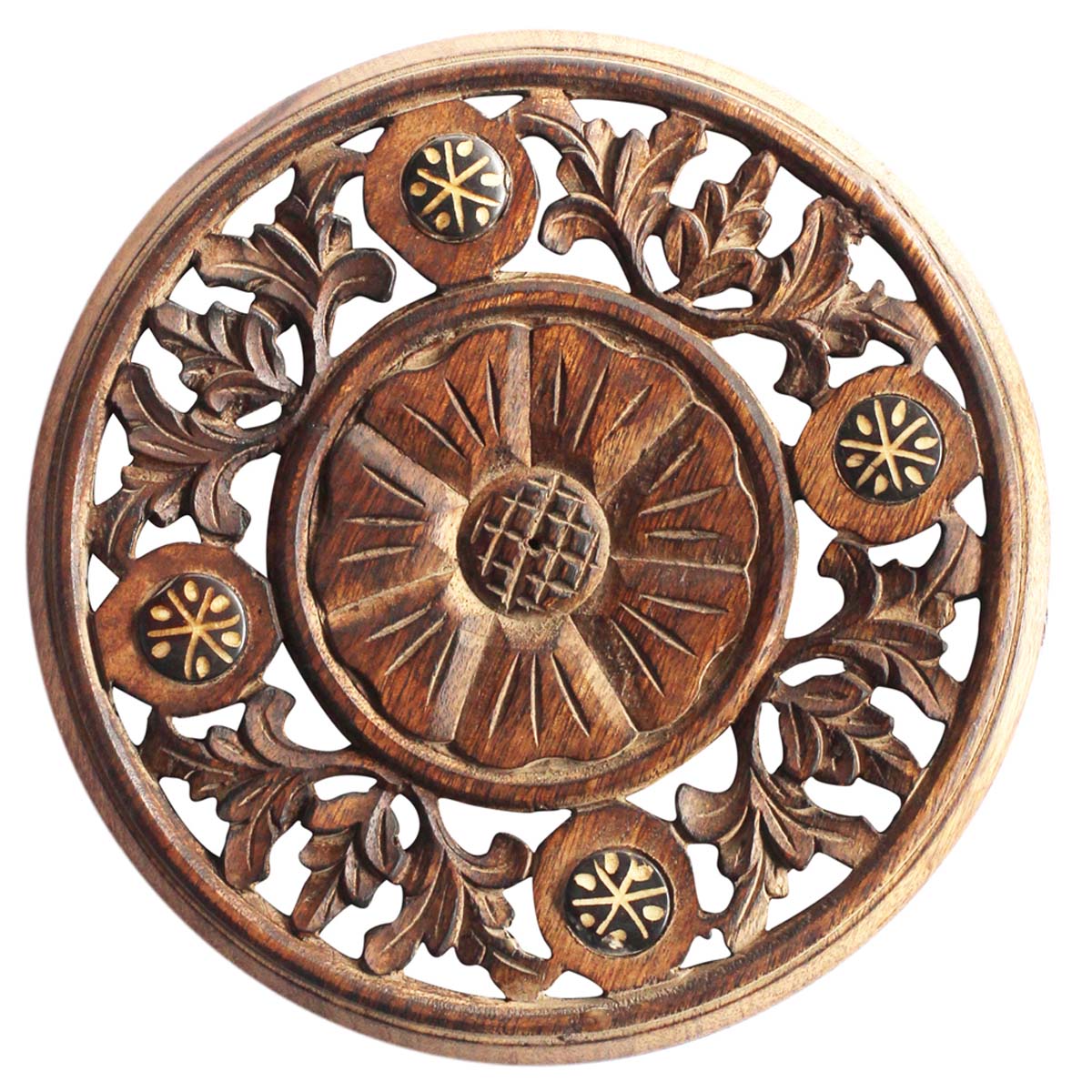 Bulk Wholesale Handmade Mango-Wood Round-Shaped Trivet with Intricate Floral Carving - Traditional-Look Accessories for Kitchen / Dining Table