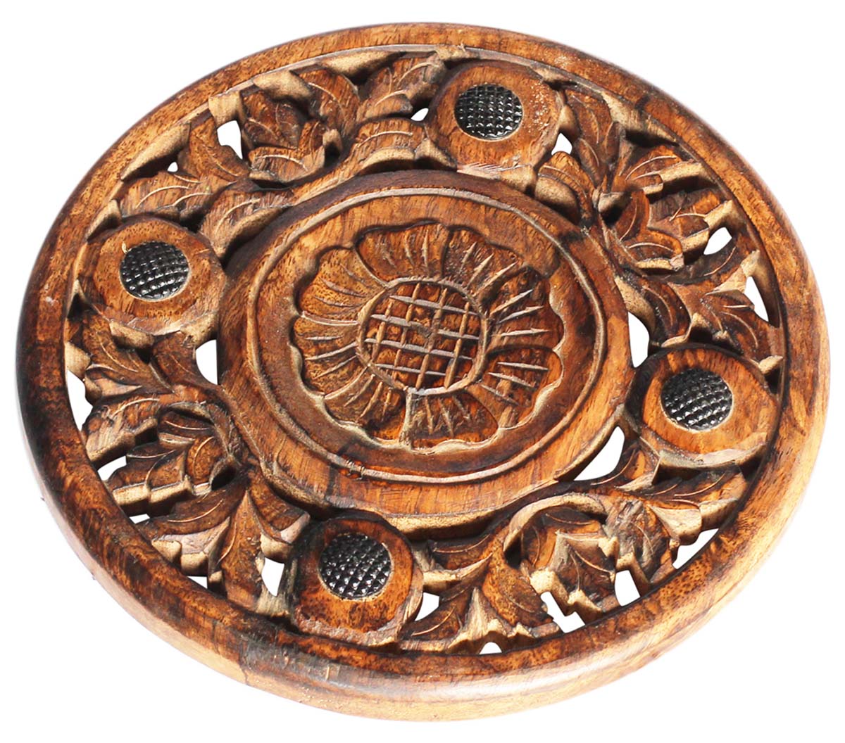 Wholesale Handmade Mango-Wood Round-Shaped Trivet with Intricate Floral Carving - Traditional-Look Accessories for Kitchen / Dining Table