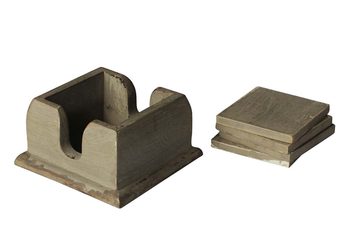 Bulk Wholesale Set of 4 Coasters with a Holder Handmade Wood in Distressed Earthen Look - Kitchen/Dining Table Accessories - Home Decor