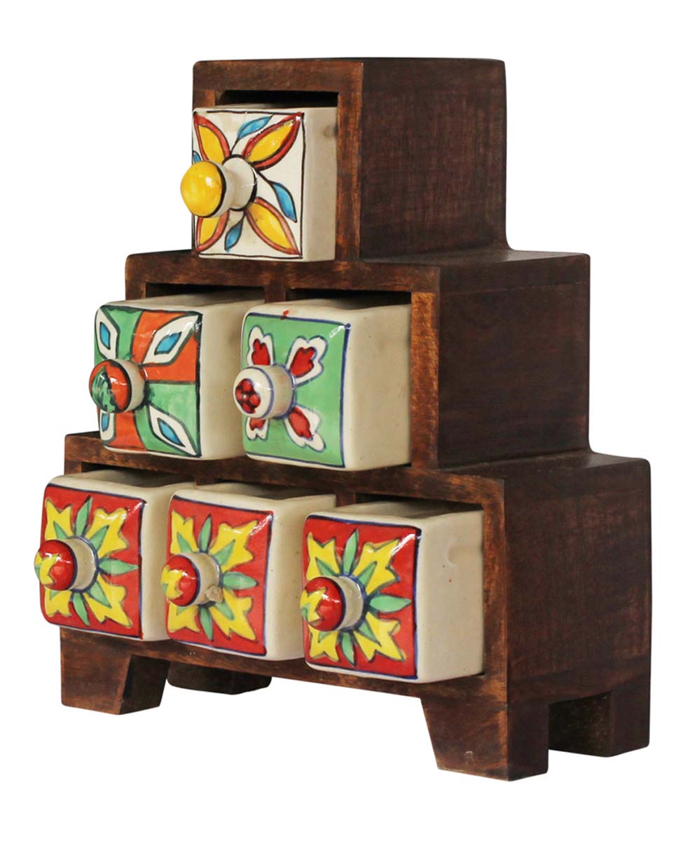 Wholesale Wooden Tiered Jewelry Box - Bulk Buy Handmade Wood 3 Tier Storage Box/Keepsake Box/Trinket Box with 6 Ceramic Drawers from India
