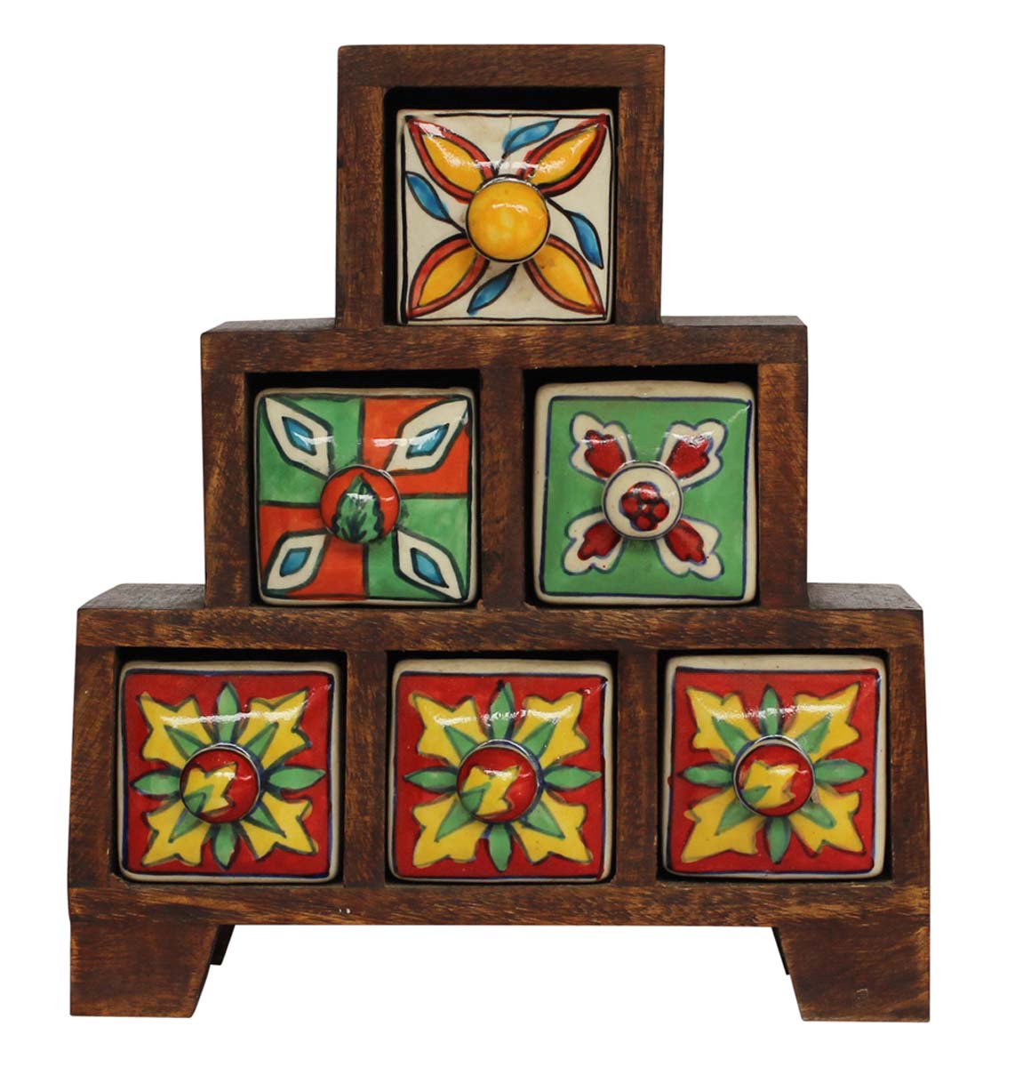 Wholesale Wooden Tiered Jewelry Box - Bulk Buy Handmade Wood 3 Tier Storage Box/Keepsake Box/Trinket Box with 6 Ceramic Drawers from India