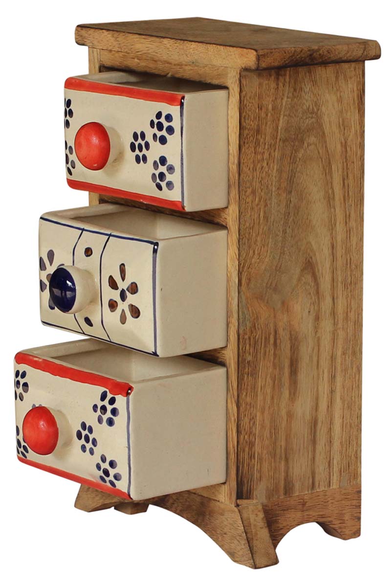 Wholesale Wood 5.5” Jewelry Box in Bulk - Wholesale Handmade Jewelry Box/Trinket/Keepsake Box with 3 Ceramic Drawers from India