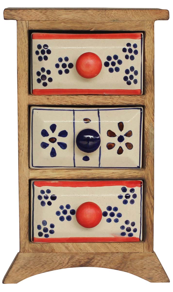 Wholesale Wood 5.5” Jewelry Box in Bulk - Wholesale Handmade Jewelry Box/Trinket/Keepsake Box with 3 Ceramic Drawers from India