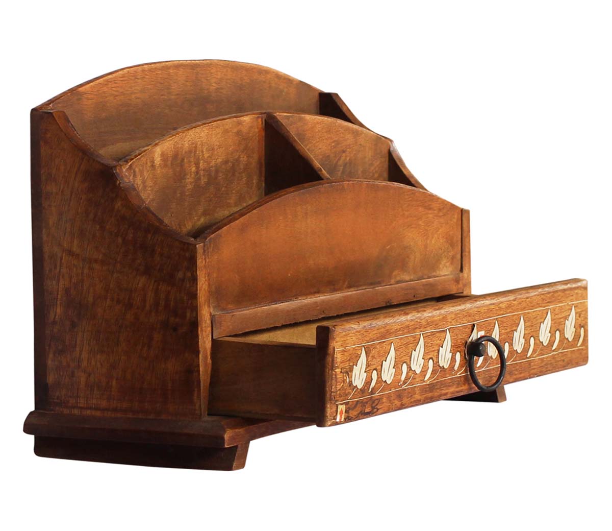 Bulk Wholesale Handmade Mango-Wood Desk Organizer / Pen Holder with 3 Compartments – Antique Look Holders with Decorative Inlay Work