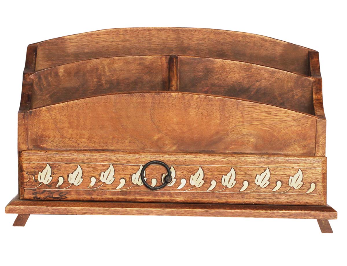 Bulk Wholesale Handmade Mango-Wood Desk Organizer / Pen Holder with 3 Compartments – Antique Look Holders with Decorative Inlay Work