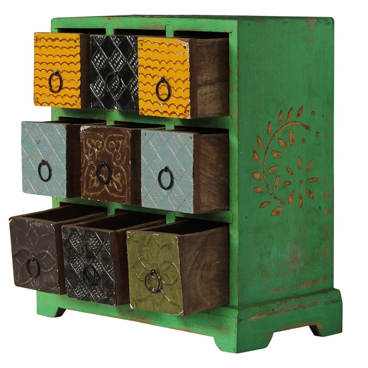 Bulk Buy Jewelry Box - Wholesale Handmade Jewelry Box/Trinket Box in Distressed Green Color with 9 Ceramic Drawers from India