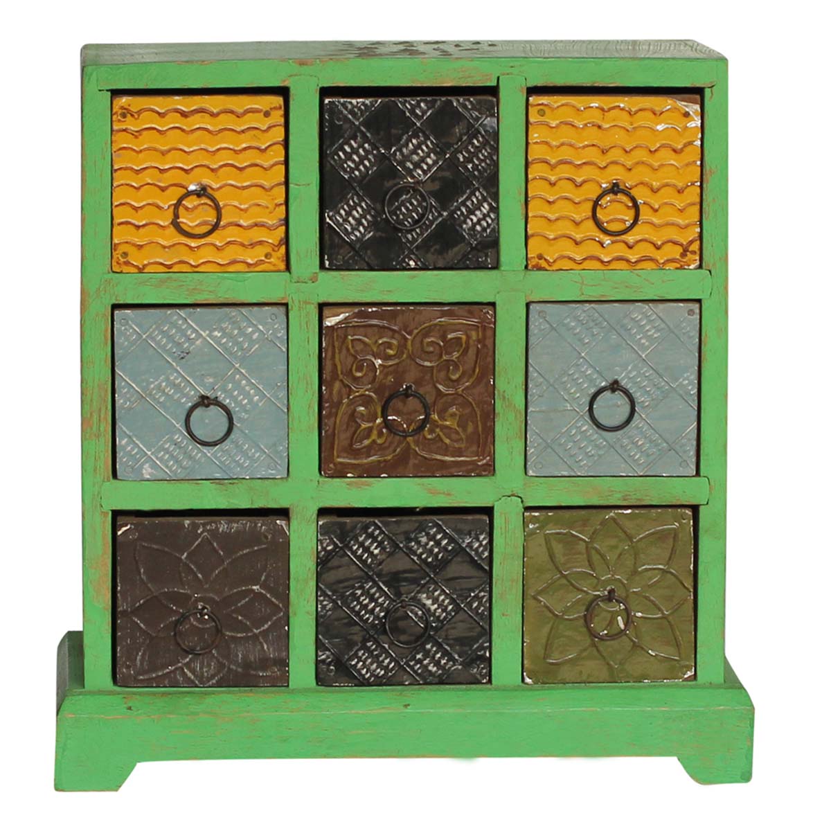 Bulk Buy Jewelry Box - Wholesale Handmade Jewelry Box/Trinket Box in Distressed Green Color with 9 Ceramic Drawers from India