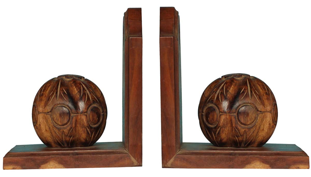 Bulk Wholesale Handmade Mango-Wood Bookends with Carving in Pumpkin Shape – Bookshelf Accessories – Rich Home / Office Décor