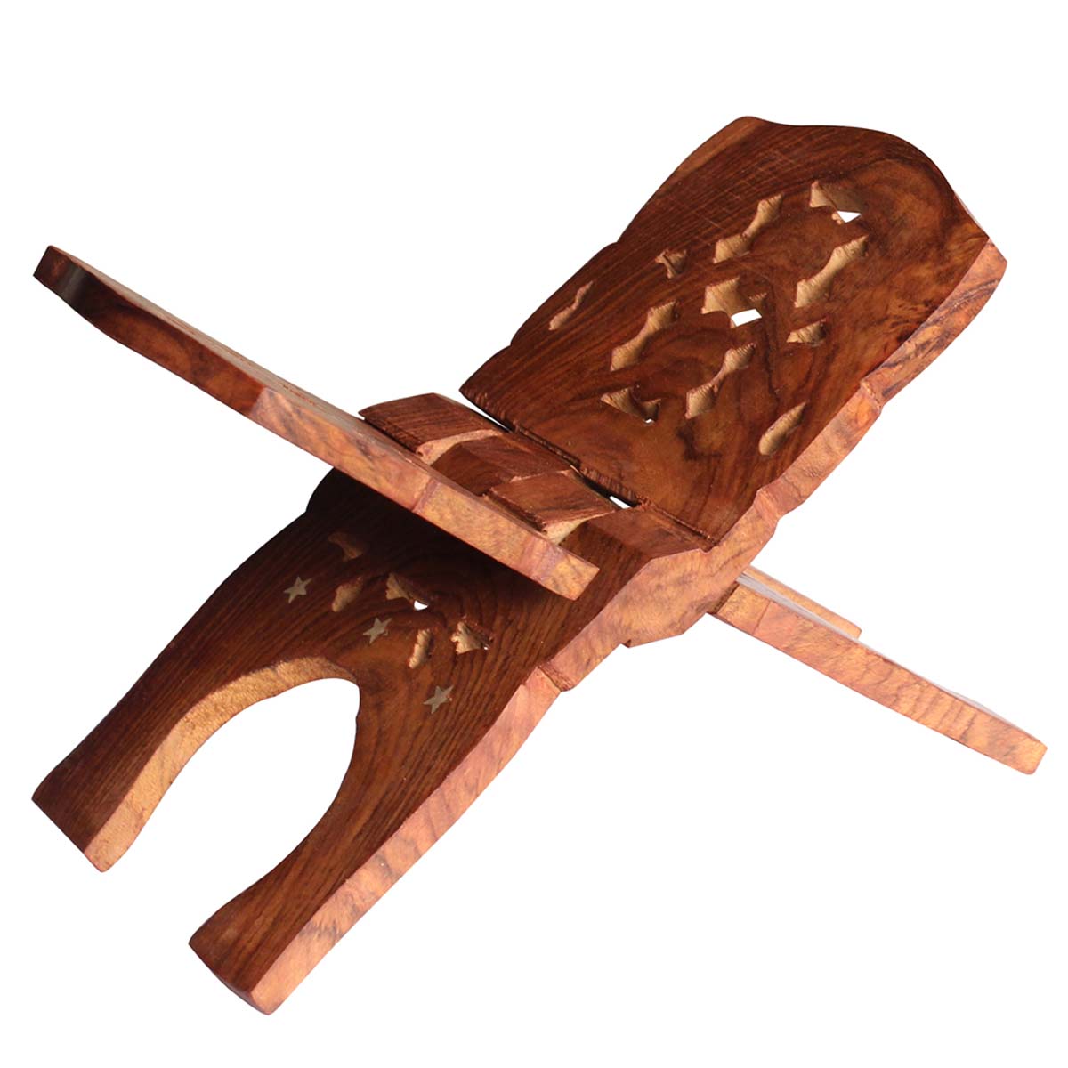 Bulk Wholesale Handmade Mango-Wood Book Stand / Organizer in Brown – Old-Look Book Holders with Traditional Style Carving and Brass Inlay Work