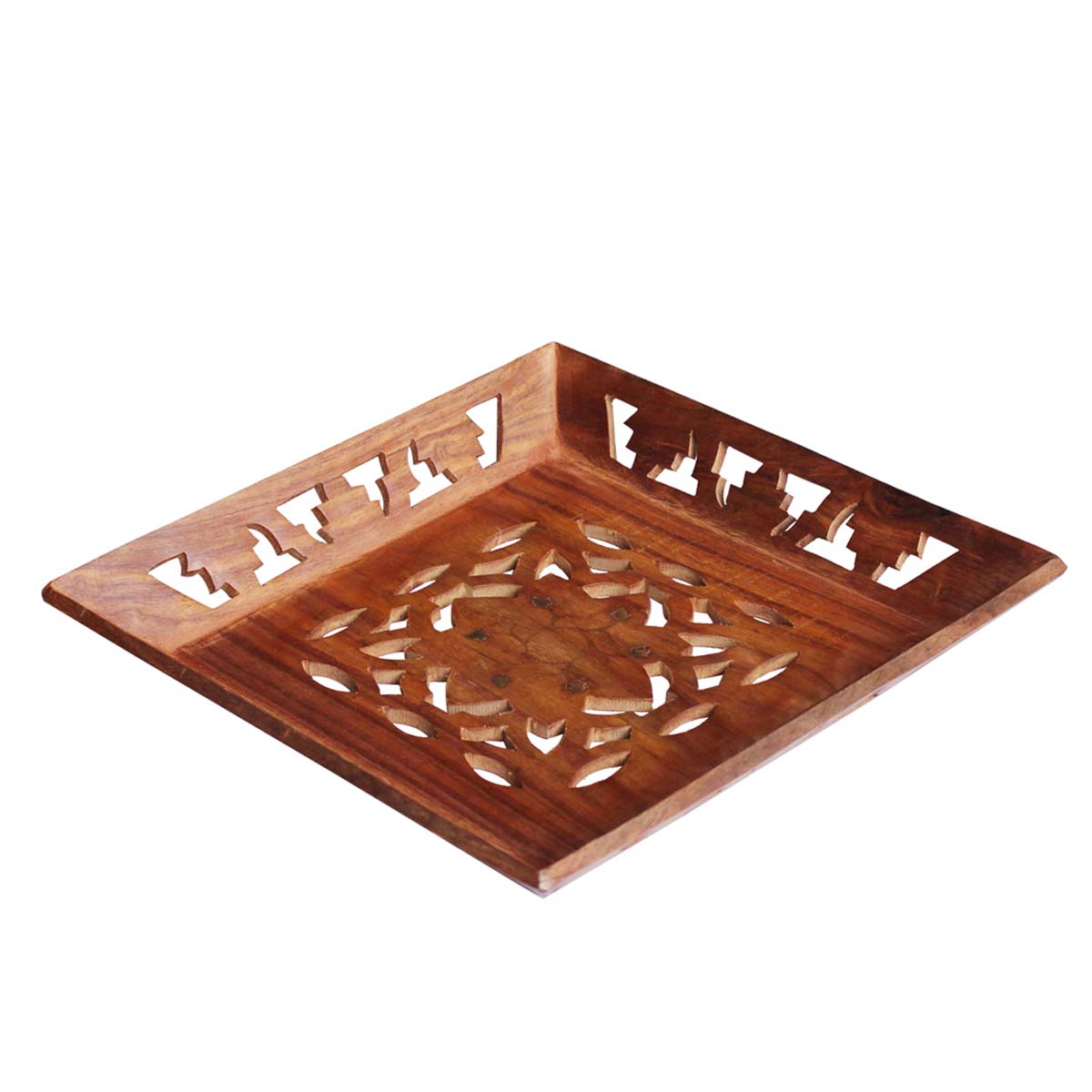 Bulk Wholesale Wood Square Serving Tray Handmade with Intricate Carving & Brass Inlay Work - Kitchen/Table Accessories - Home Essentials