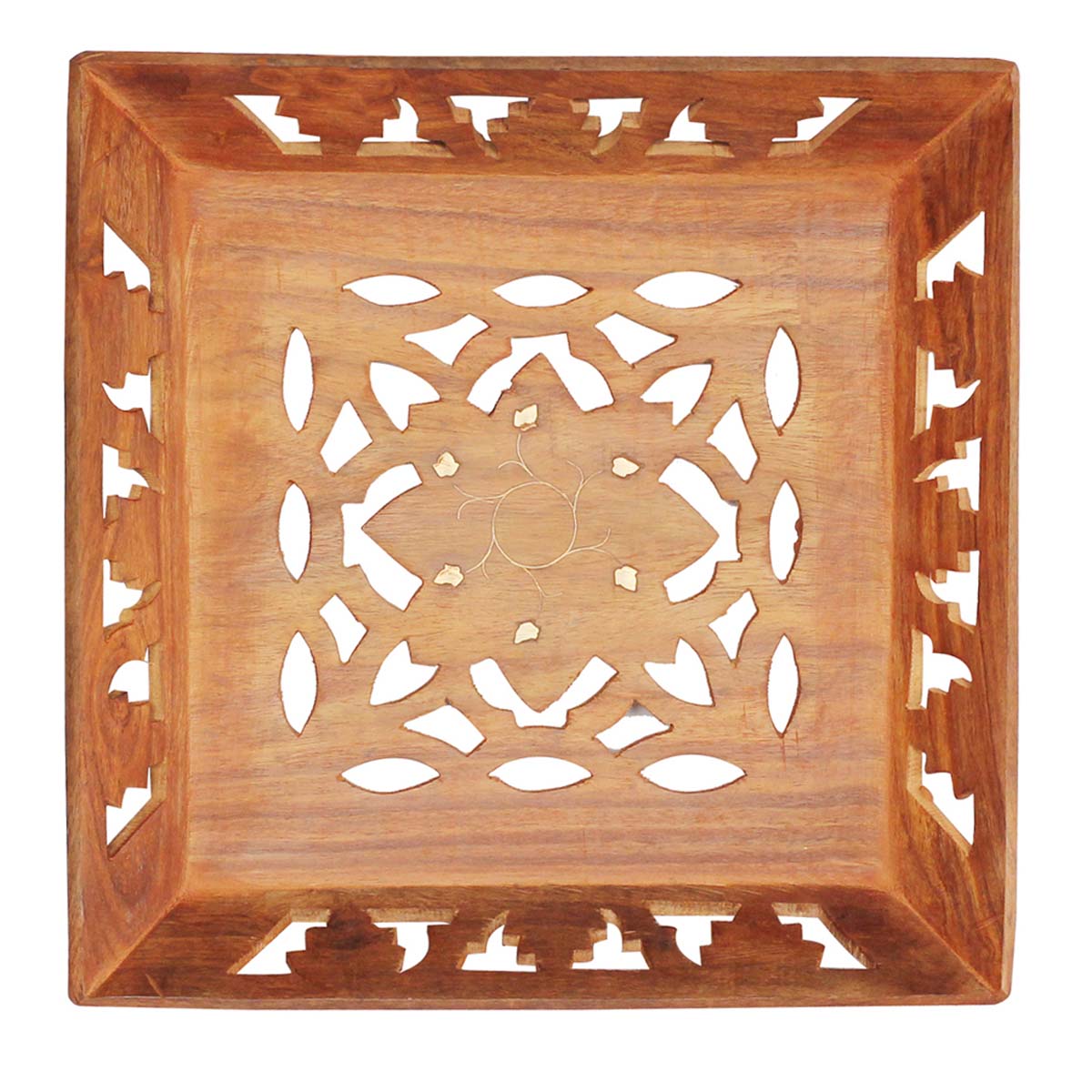 Bulk Wholesale Wood Square Serving Tray Handmade with Intricate Carving & Brass Inlay Work - Kitchen/Table Accessories - Home Essentials