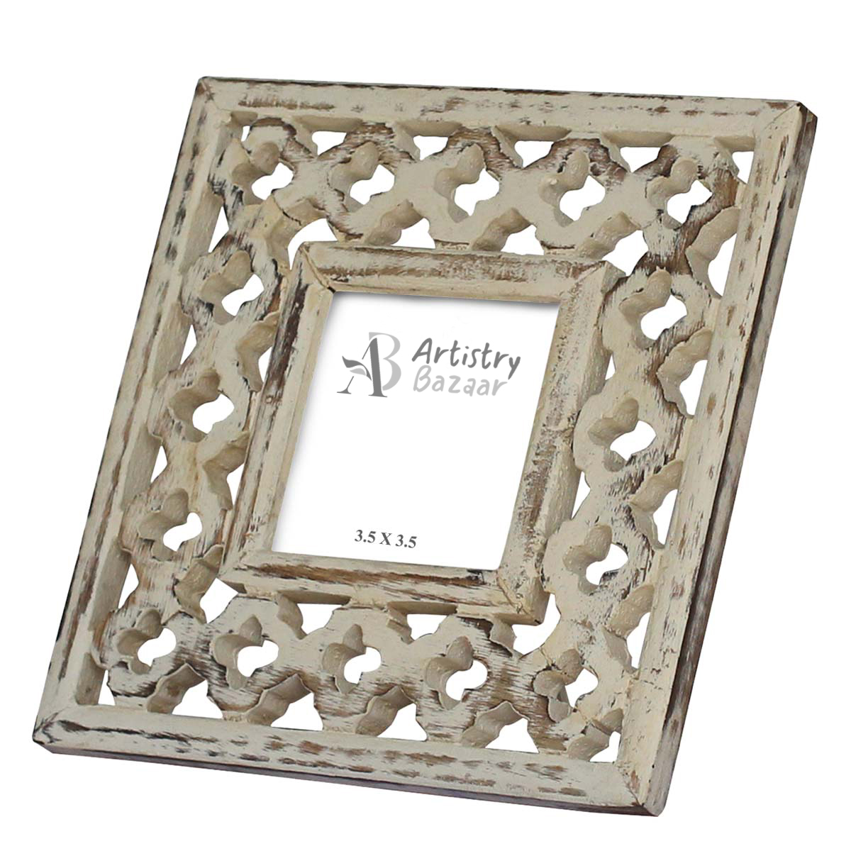 Bulk Buy White Photo/Picture Frame in Wood with Intricate Carving in Traditional Floral Pattern - Distressed-Look Shabby Chic Photo Stands - Wholesale Home Decor Picture Frame from India