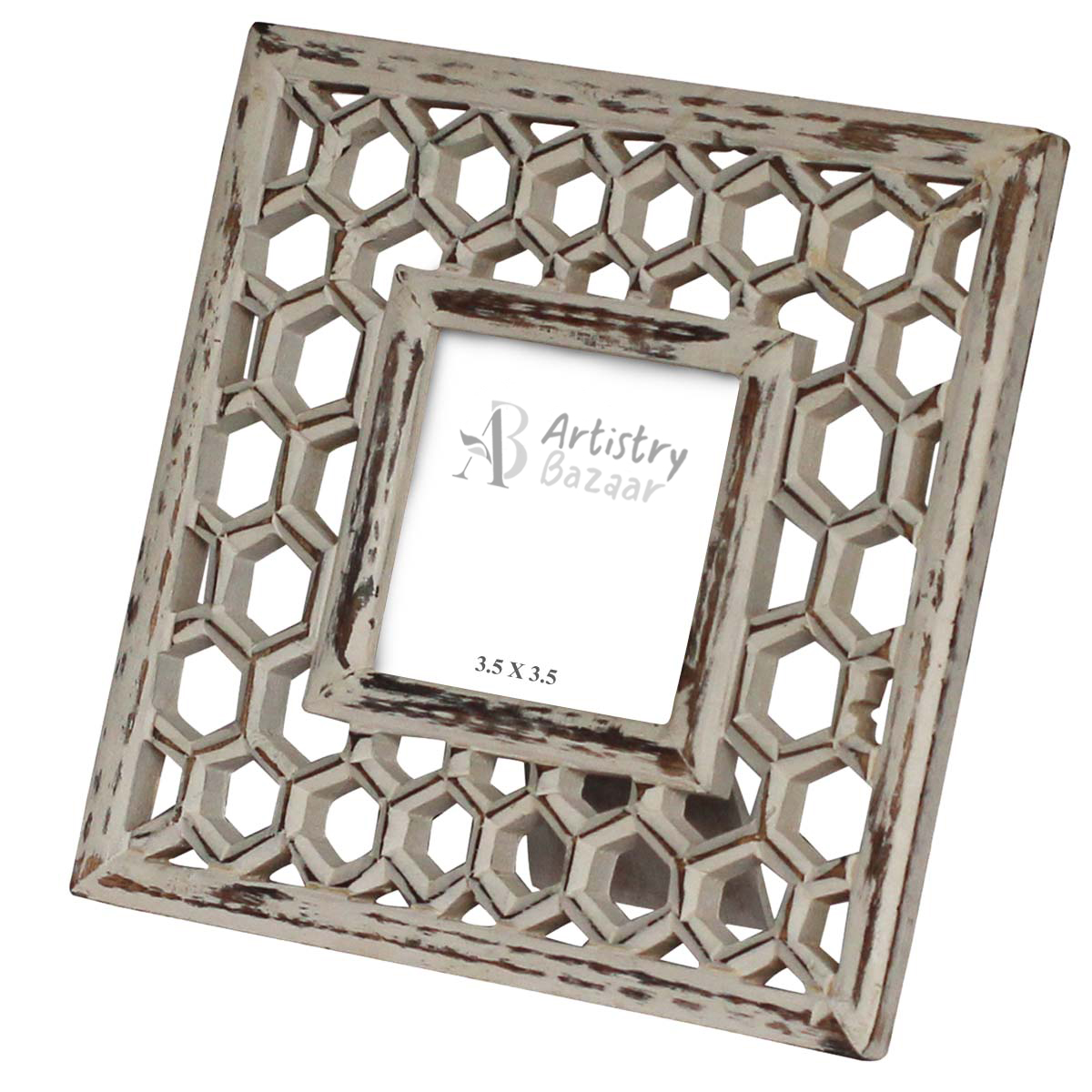 Bulk Buy White Square 4x6 Photo/Picture Frame in Wood with Intricate Carving in Traditional Diamond Pattern - Distressed-Look Shabby Chic Photo Stands - Wholesale Home Decor Picture Frame from India