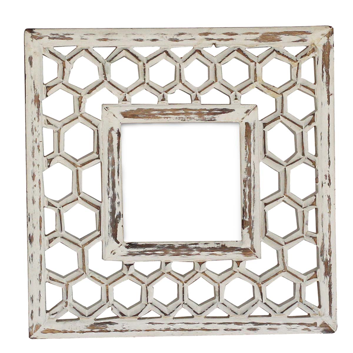 Bulk Buy White Square 4x6 Photo/Picture Frame in Wood with Intricate Carving in Traditional Diamond Pattern - Distressed-Look Shabby Chic Photo Stands - Wholesale Home Decor Picture Frame from India