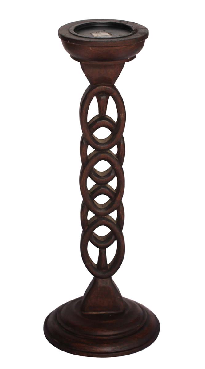 Bulk Wholesale Hand-Carved Wooden Pillar Candle Holder in Brown Color with Crossing Rings Design – Decorative Candle Stands – Home / Office Décor 