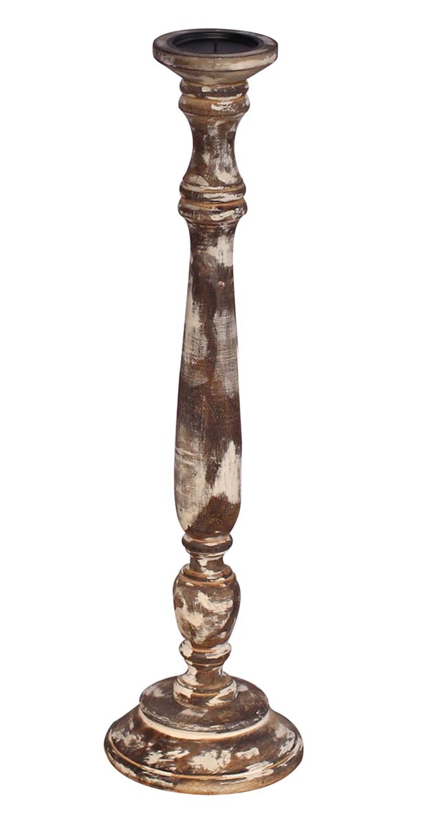 Bulk Wholesale Old World Style Rustic & Distressed Wooden Pillar Candle Holders – Set of 3 – White-Wash Finished – Home / Office Décor