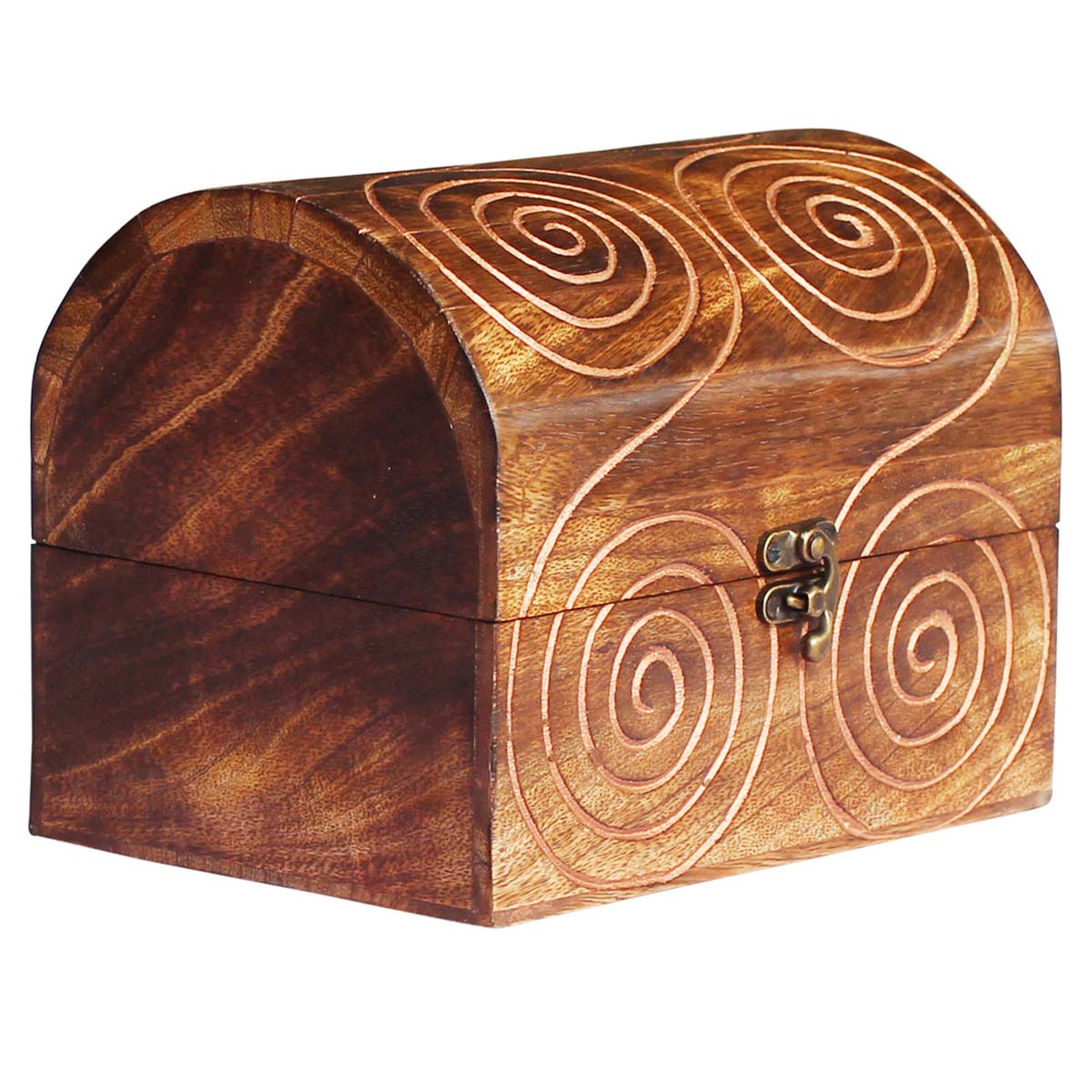 Wooden Trunk Shaped Jewelry Box in Bulk - Wholesale Handmade Jewelry Box/Trinket Box with a Small Iron Latch - Decorated with Etched Circular Patterns from India