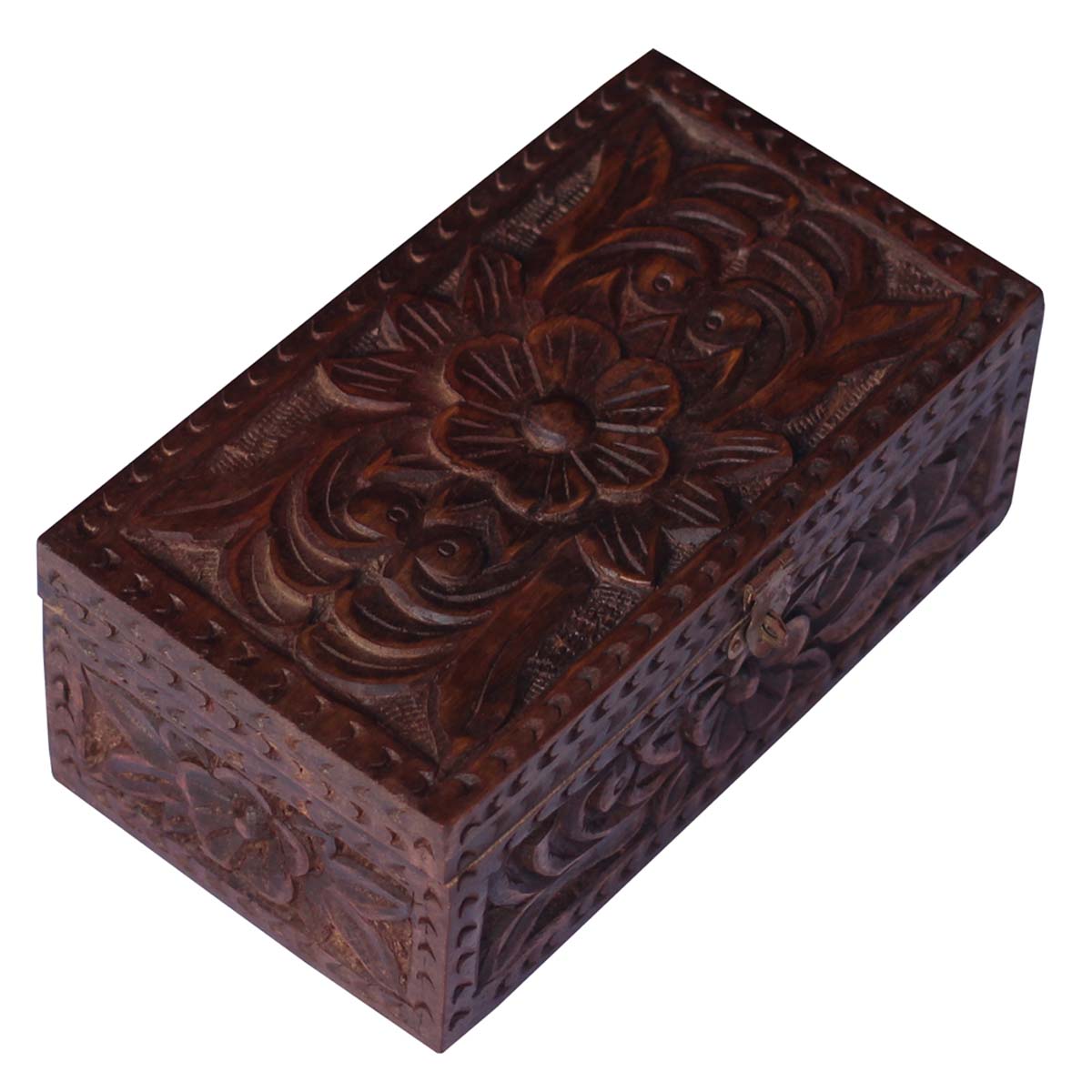 Source 8x4.4” Wooden Jewelry Box in Bulk - Wholesale Hand-Carved Jewelry Box/Trinket Box with Floral Motifs from India