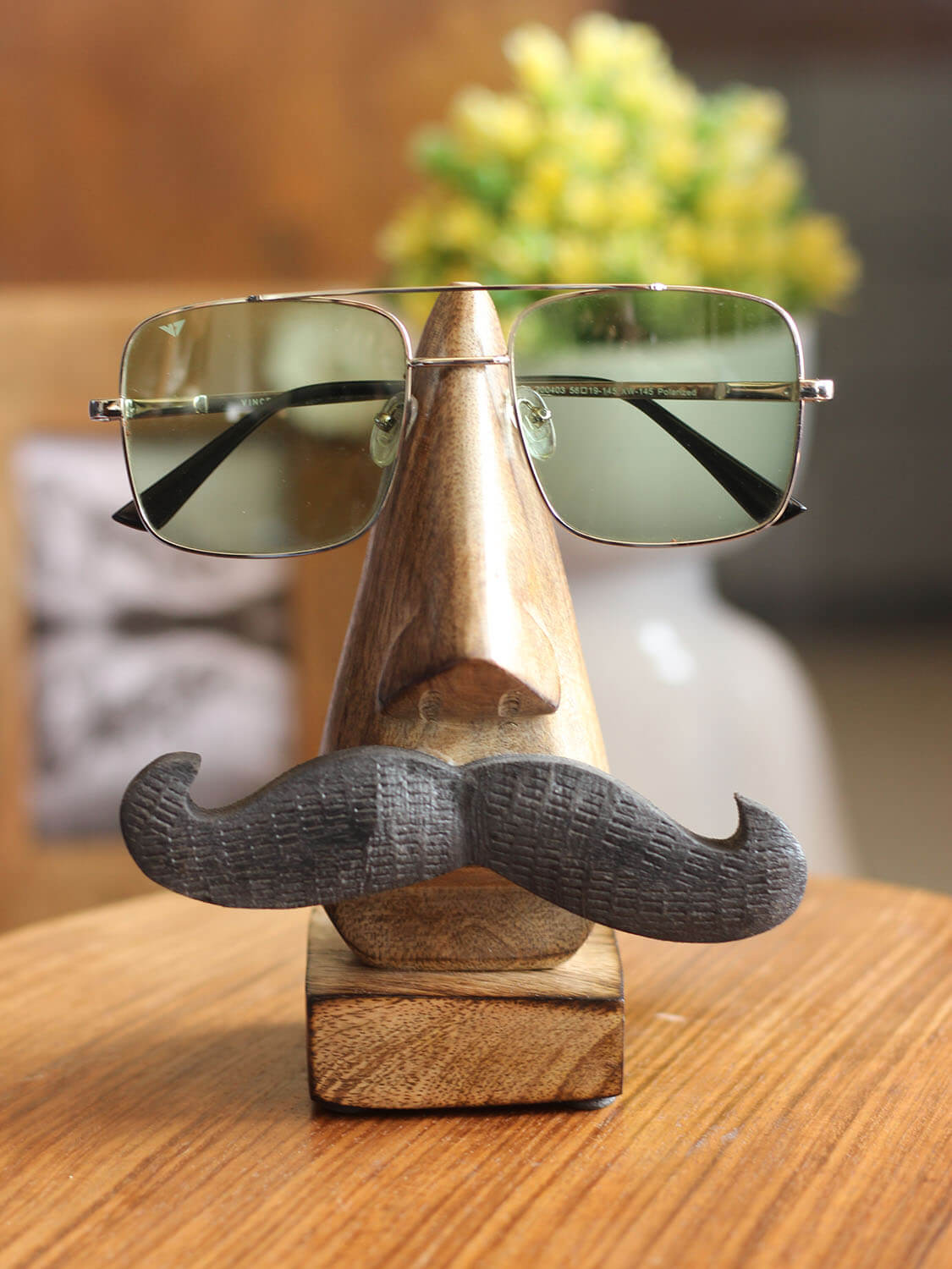 ArtistryBazaar Handmade 2.5" W X 6.2" H Wooden handcrafted wooden spectacles stand glass holder face shape with black long mustache for men