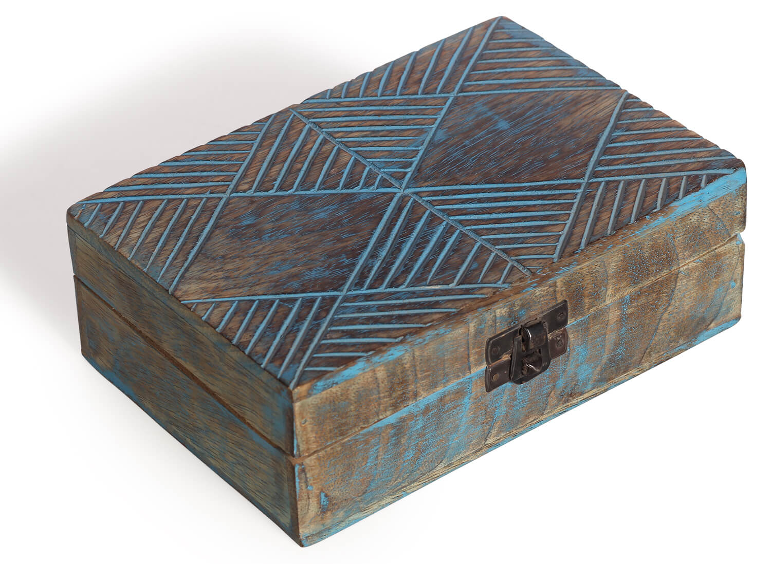 Artistry Bazaar 5"W X 2.5"H X 7" L  Blue Color jewelry  wooden Box Organizer - Vintage Handmade - Trinket Memory Box for Ring Bracelet Watch makeup Necklace Earring and Accessories women and girls