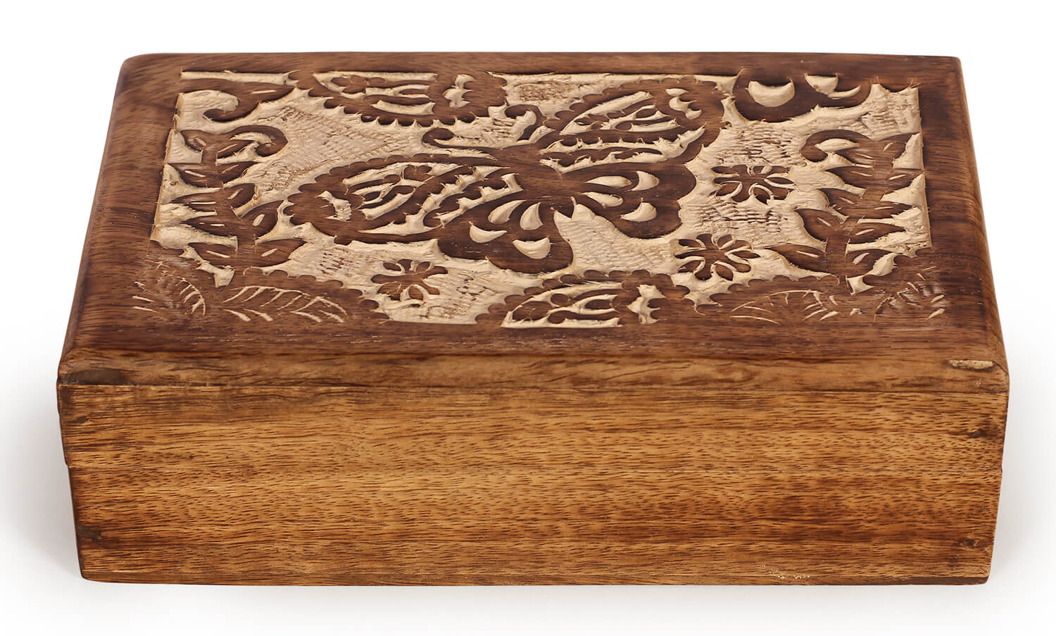 Artistry Bazaar Wooden Handcrafted 8"L X 5" W X 2.5" H  Decorative jewelry  Box with Butterfly Carvings White And Brown - Multipurpose Use As Jewelry Storage, Watch, earrings, ring, makeup, Gifts women and girls
