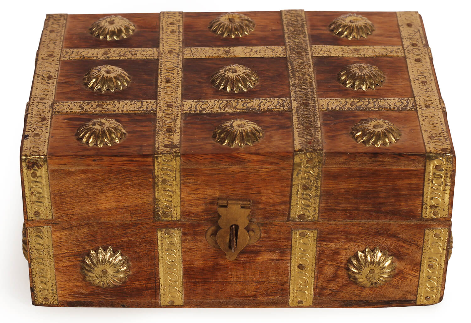 Artistry Bazaar 7" L X 5"W X 3.2" H Brass inlay Flower design jewelry box handcrafted, handmade engraved box, wooden gift, handmade jewelry box, gift for her, mango wood, ring for women and girls