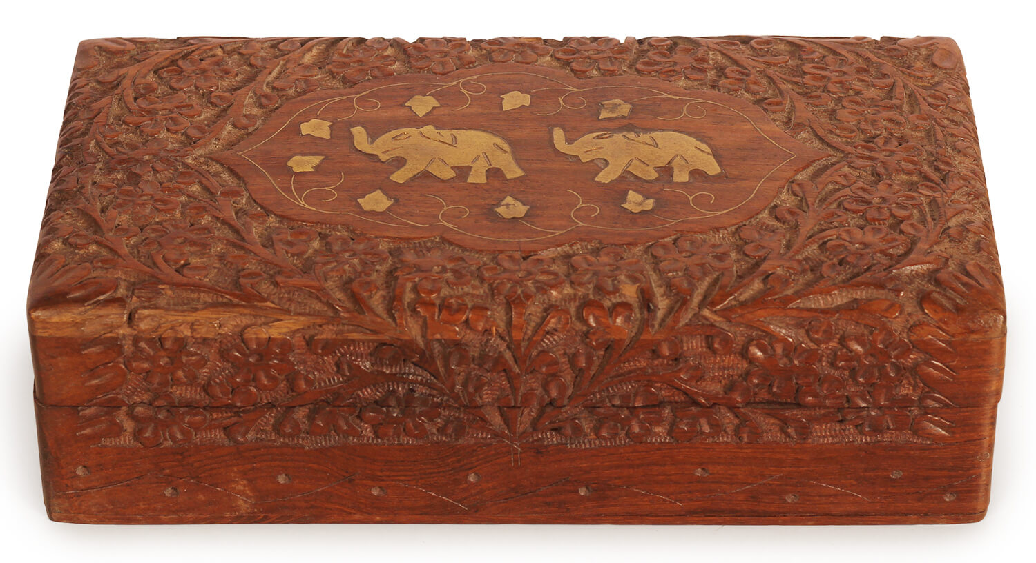  Artistry Bazaar 8.5" L X 4.5"W X 2.5" H brass elephant jewelry box  Artisans Crafted Premium sheesham wood Decorative Hand Carved with Precision handmade jewelry box, gift for her, ring for women and girls | Memorial Wooden Urns for Loved Ones 