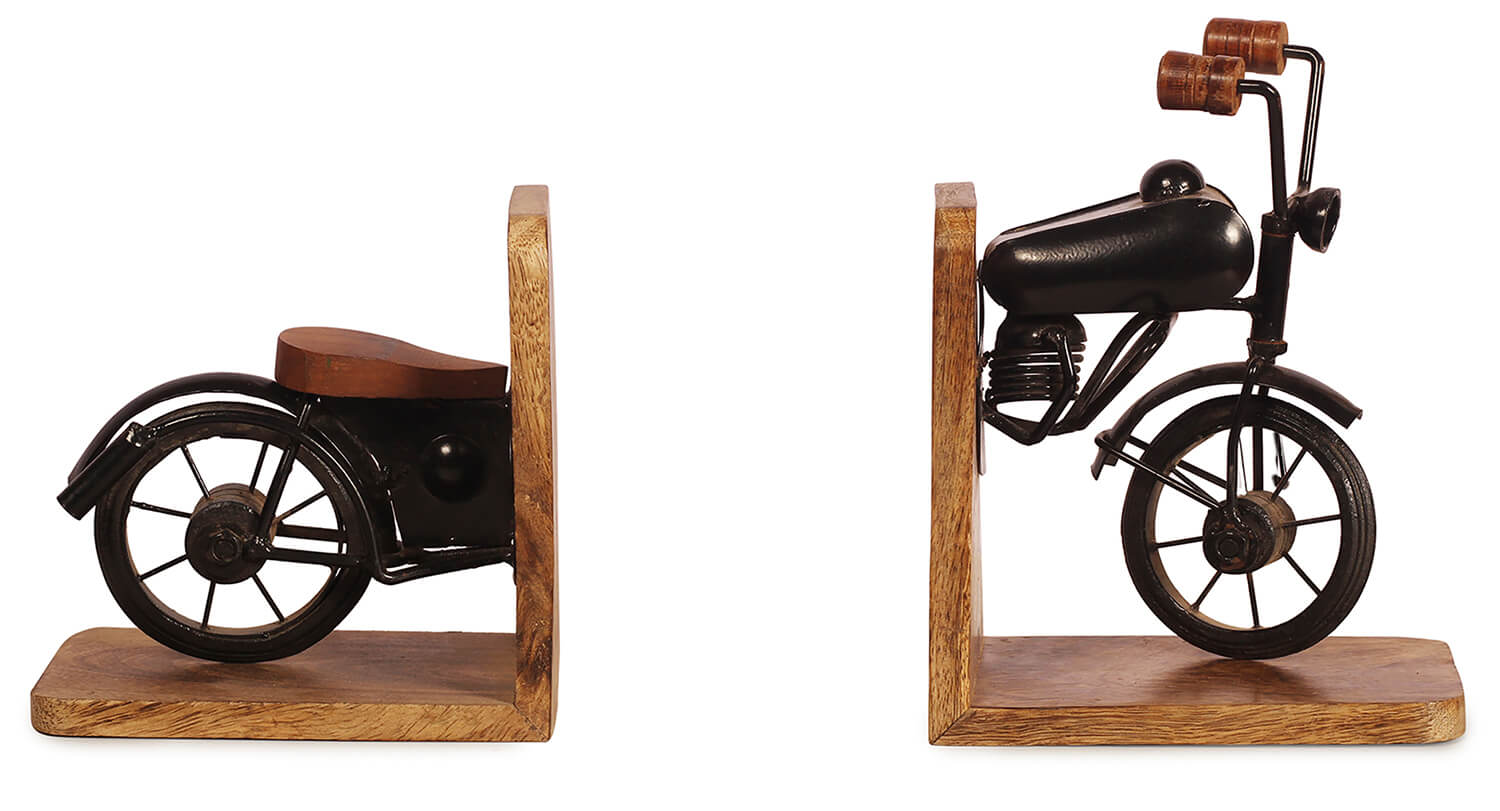 Artistry Bazaar 12" L X 4" W X 6" H Motorcycle design bookend made with mango wood for bookshelf tabletop