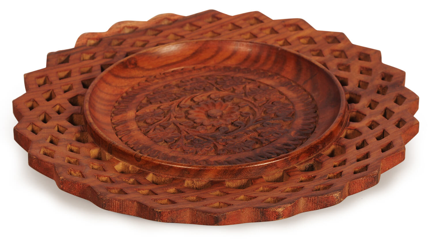 Artistry Bazaar 11.5" L X 11.5" W X 0.6" H Round Tray/ wall Hanging carved wooden mango wood  table plate decorative artwork geometric floral ornament  wedding birthday craft tray gift fruit candies coins