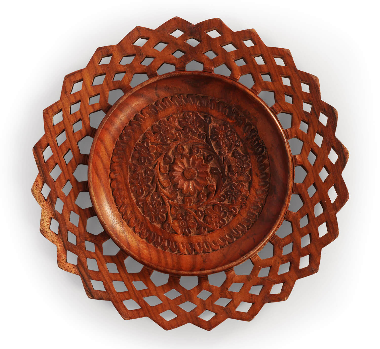 Artistry Bazaar 11.5" L X 11.5" W X 0.6" H Round Tray/ wall Hanging carved wooden mango wood  table plate decorative artwork geometric floral ornament  wedding birthday craft tray gift fruit candies coins