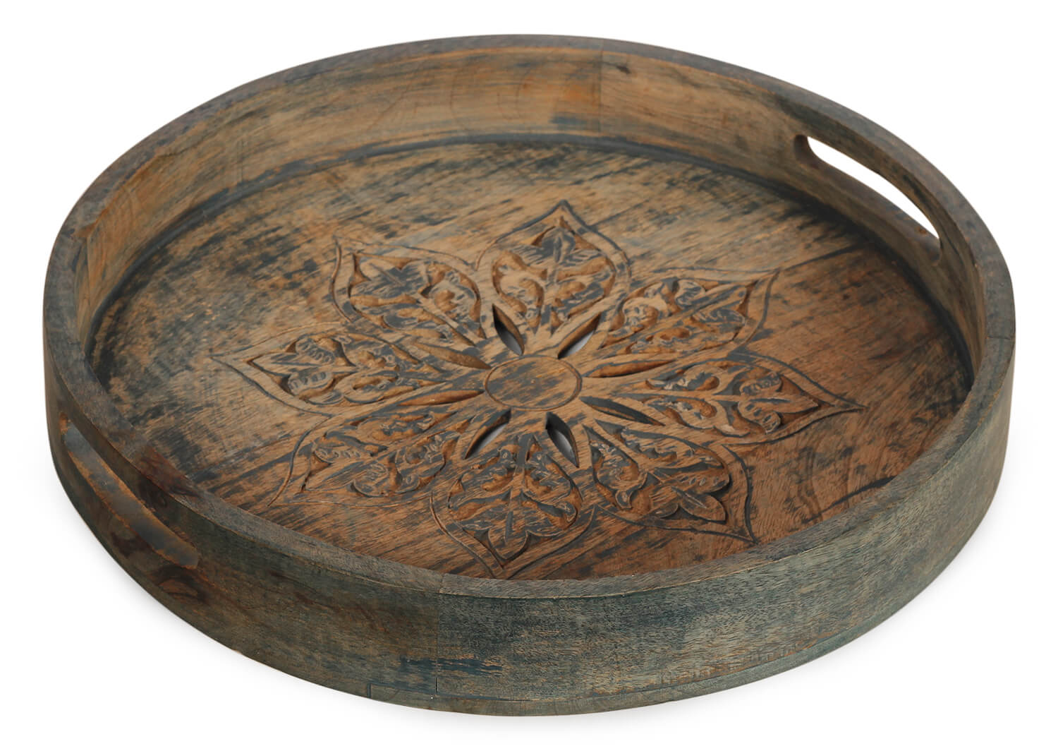 Artistry Bazaar 14.5" L X 14.5" W X 2" H Round serving Tray with cut Flower design inside wooden mango wood  table plate decorative artwork c floral ornament  wedding birthday craft tray gift fruit candies coins
