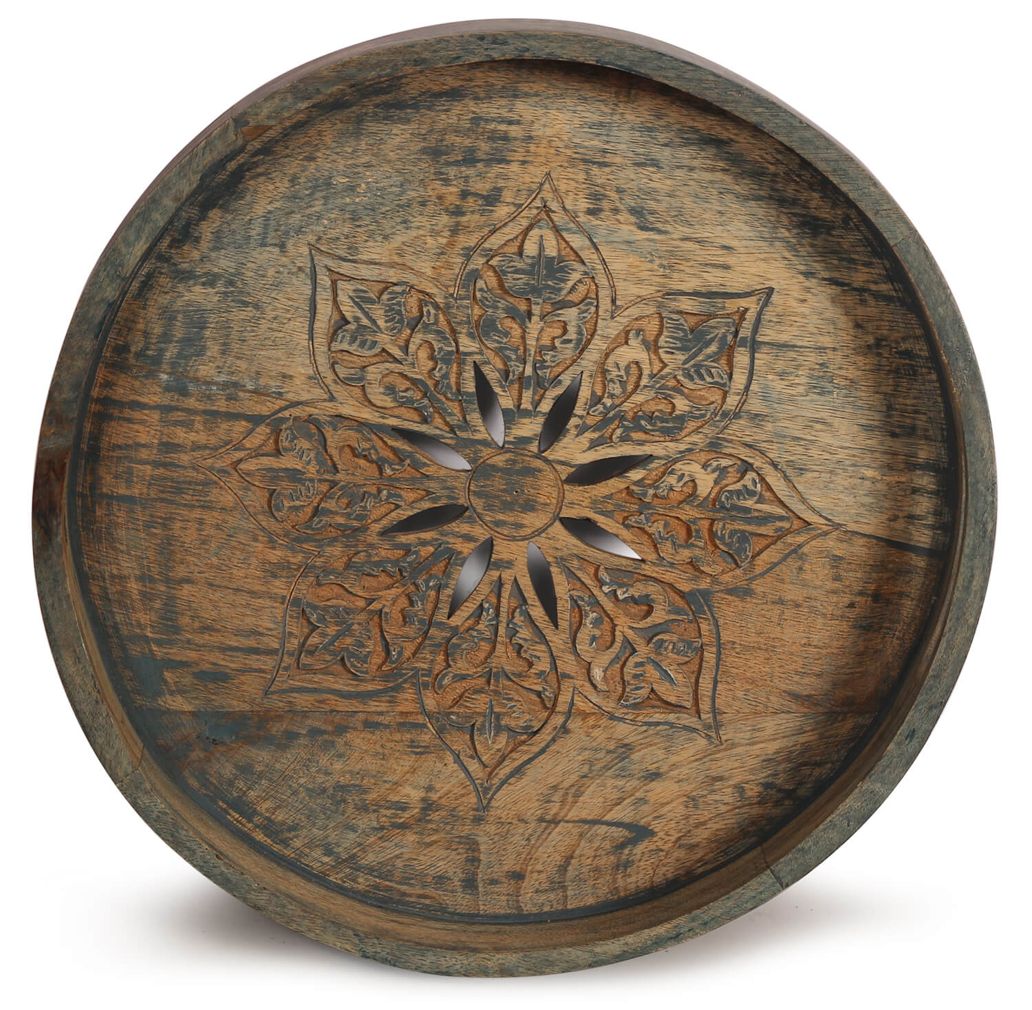 Artistry Bazaar 14.5" L X 14.5" W X 2" H Round serving Tray with cut Flower design inside wooden mango wood  table plate decorative artwork c floral ornament  wedding birthday craft tray gift fruit candies coins