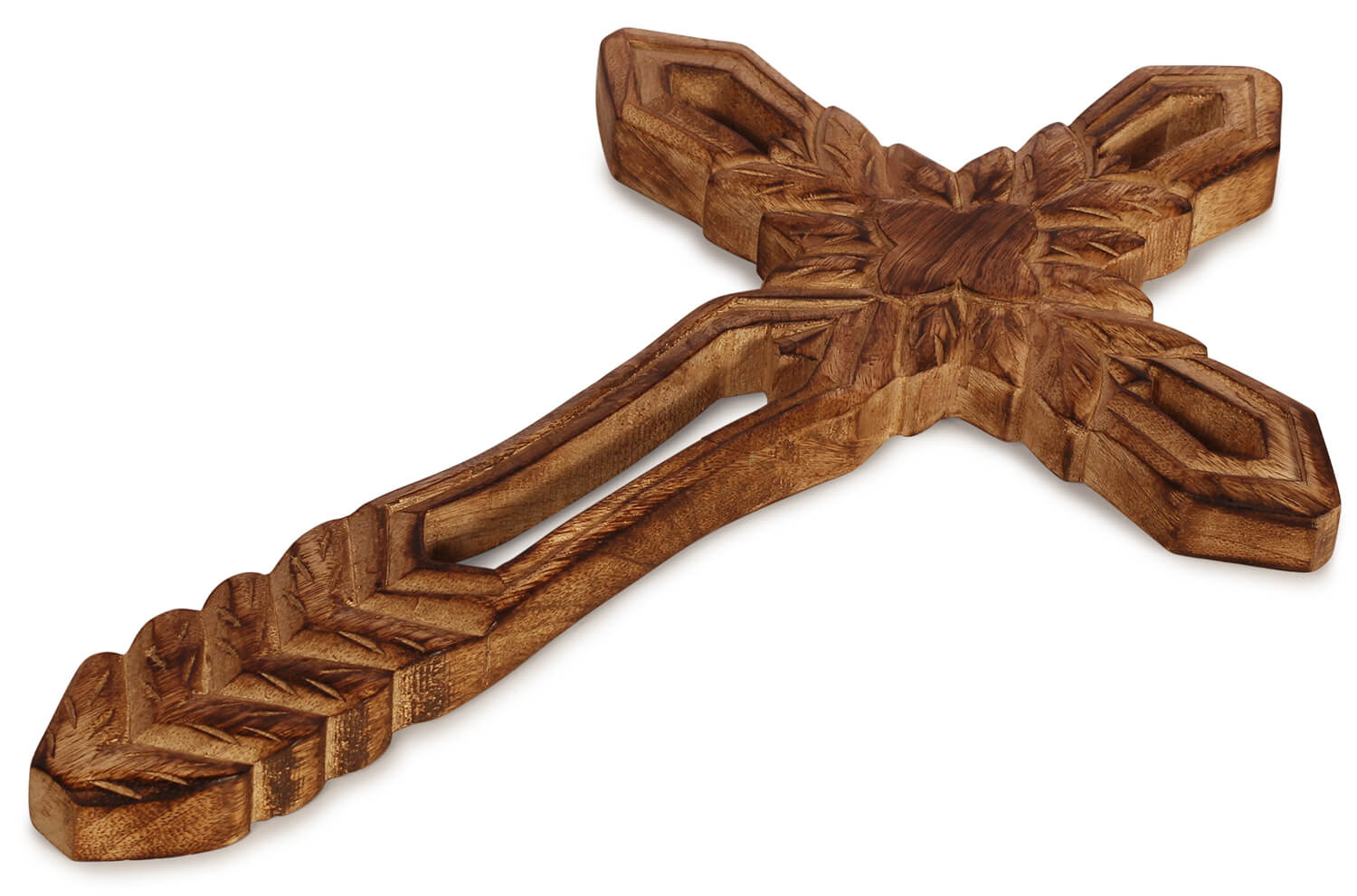 Aritstry Bazaar 10"L X 1" W X 16" H Handmade carving cross Big Mango Wood Wall Cross Burnt Tinge Art Wooden Wall Mount Jesus Cross Decor Art Sculpture Antique Finish Design Carved Hanging Cross for Living Room Home Office Decoration Housewarming