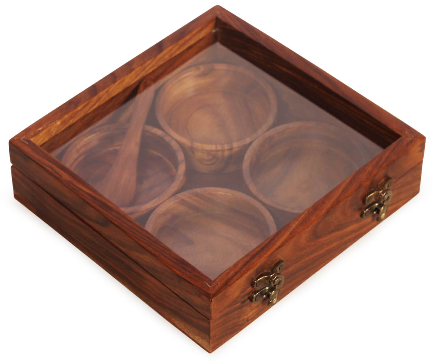 Artistry Bazaar 8"L X 8"W X 2.1"H Masala Box with 4  round bowls made with sheesham wood containers inside | Kitchen | Spice Container for Kitchen Wooden Masala Box | Spice Jar -Glass top